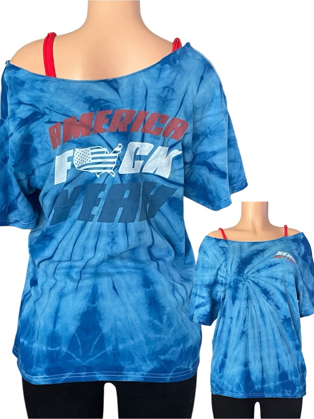 America F Yeah Upcycled Off Shoulder Graphic Tee Medium